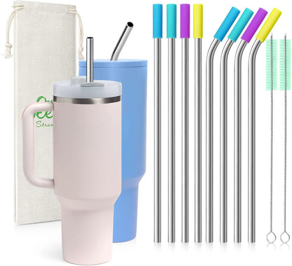 8 Piece 5/16 inch (8mm) Wide Stainless Steel Straws for 40 oz Tumbler with Handle, 12 Inch Long Reusable Metal Drinking Straws, Replacement Straws with Silicone Tips & Cleaning Brush, Silver