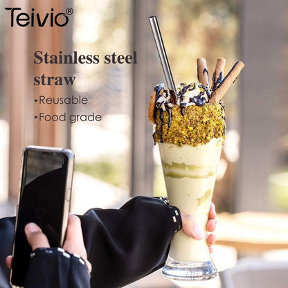 8 Piece 5/16 inch (8mm) Wide Stainless Steel Straws for 40 oz Tumbler with Handle, 12 Inch Long Reusable Metal Drinking Straws, Replacement Straws with Silicone Tips & Cleaning Brush, Silver