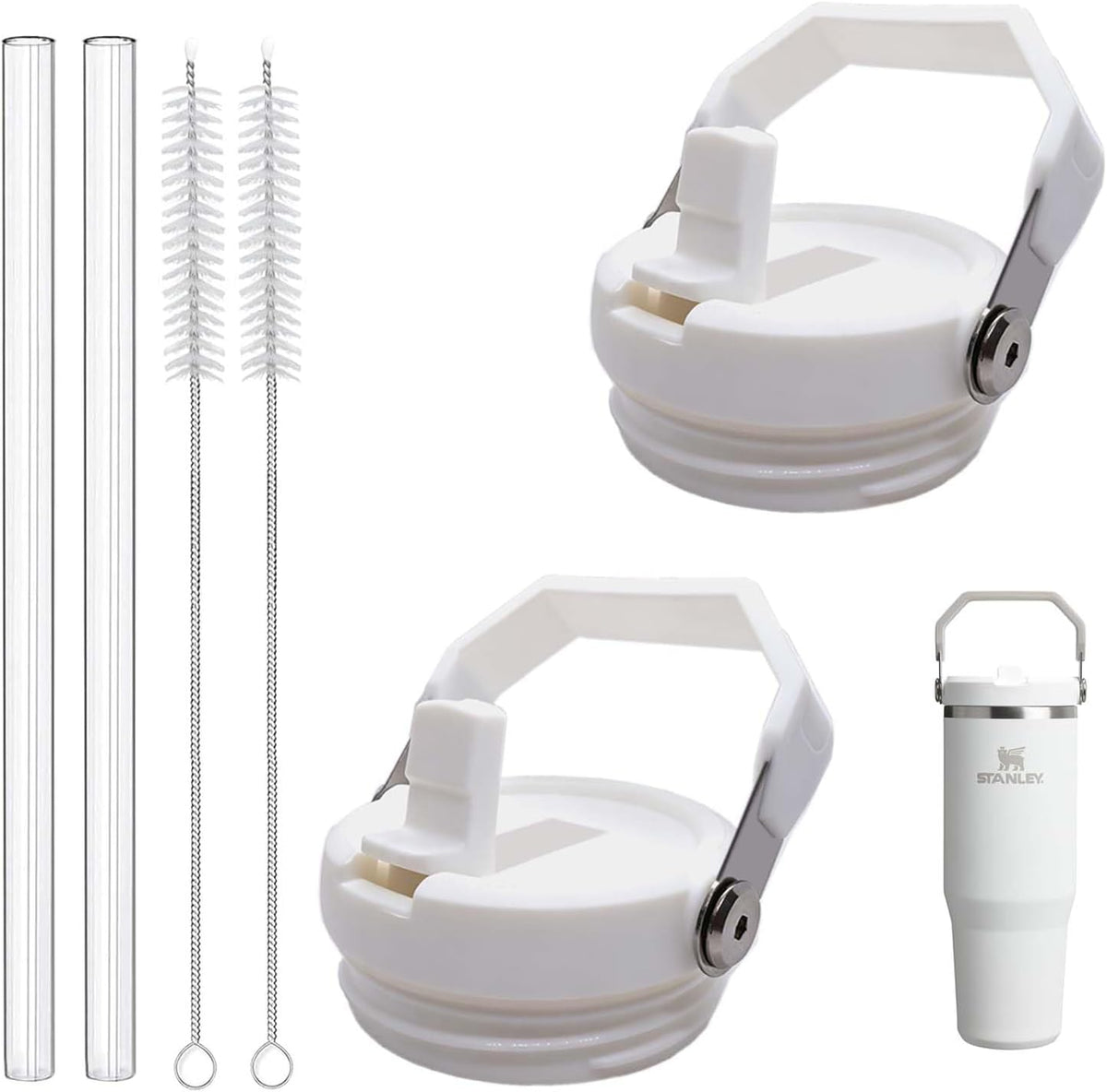 2-Pack Replacement Flip Straw Lids for Stanley IceFlow Tumbler 30oz and 20oz, Spill-Proof Cap with 2 Reusable Straws & 2 Cleaning Brushes, BPA-Free, Easy to Clean