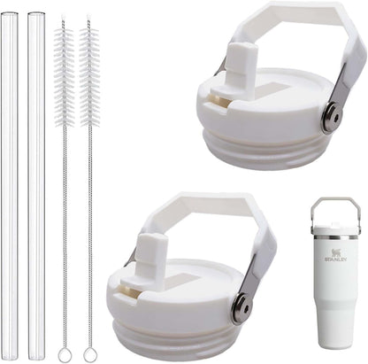 2-Pack Replacement Flip Straw Lids for Stanley IceFlow Tumbler 30oz and 20oz, Spill-Proof Cap with 2 Reusable Straws & 2 Cleaning Brushes, BPA-Free, Easy to Clean