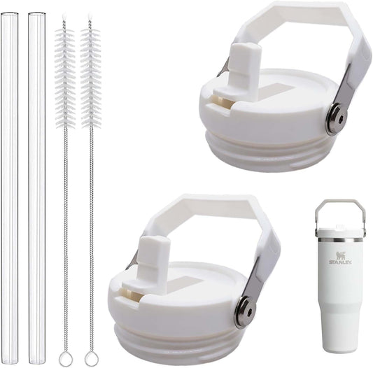 2-Pack Replacement Flip Straw Lids for Stanley IceFlow Tumbler 30oz and 20oz, Spill-Proof Cap with 2 Reusable Straws & 2 Cleaning Brushes, BPA-Free, Easy to Clean