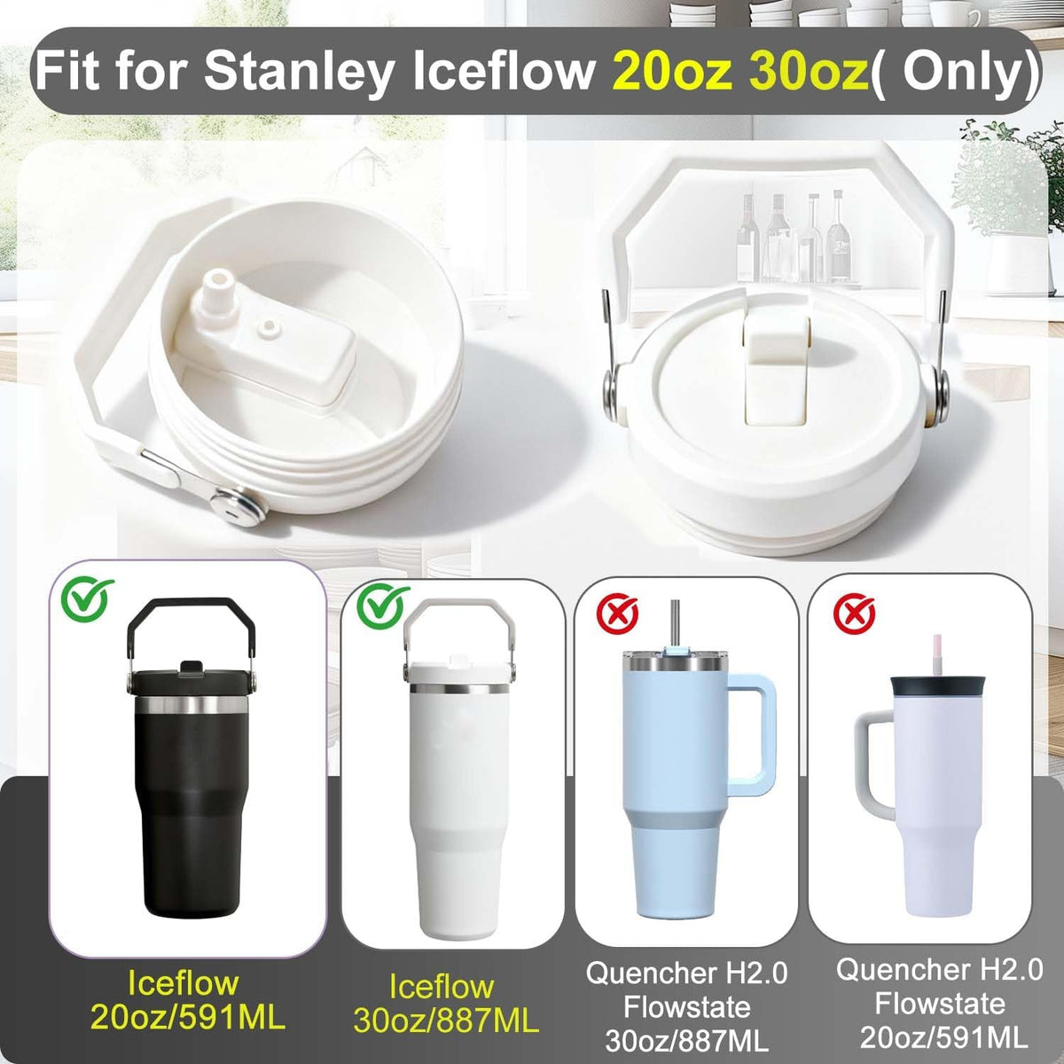 2-Pack Replacement Flip Straw Lids for Stanley IceFlow Tumbler 30oz and 20oz, Spill-Proof Cap with 2 Reusable Straws & 2 Cleaning Brushes, BPA-Free, Easy to Clean