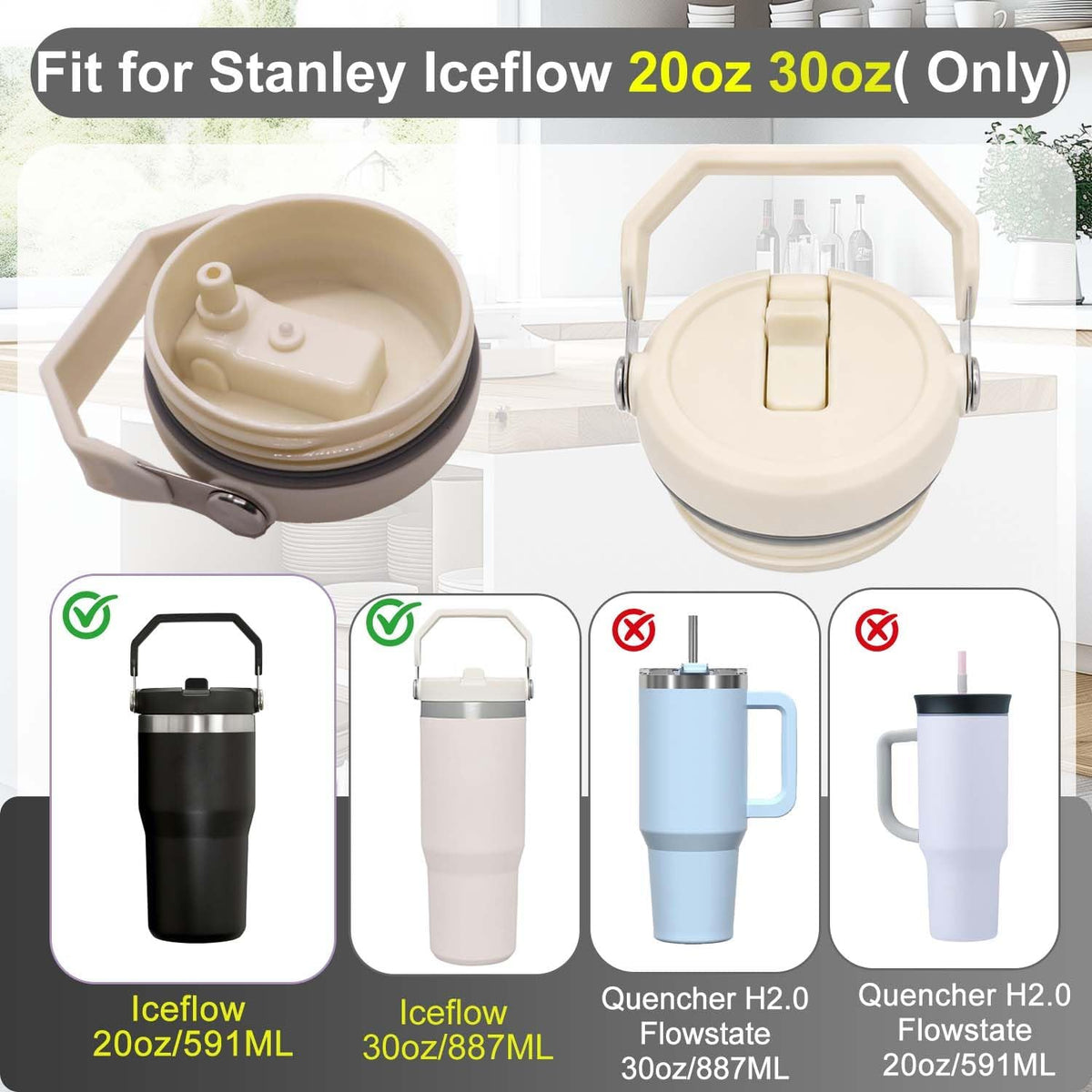 2-Pack Replacement Flip Straw Lids for Stanley IceFlow Tumbler 30oz and 20oz, Spill-Proof Cap with 2 Reusable Straws & 2 Cleaning Brushes, BPA-Free, Easy to Clean