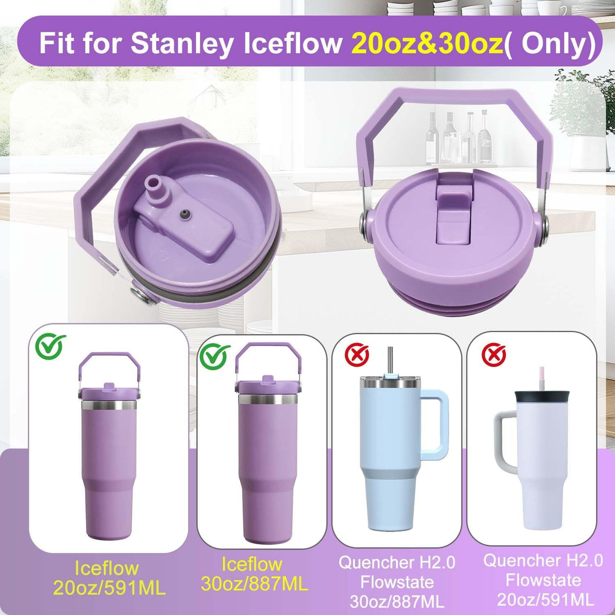 2-Pack Replacement Flip Straw Lids for Stanley IceFlow Tumbler 30oz and 20oz, Spill-Proof Cap with 2 Reusable Straws & 2 Cleaning Brushes, BPA-Free, Easy to Clean