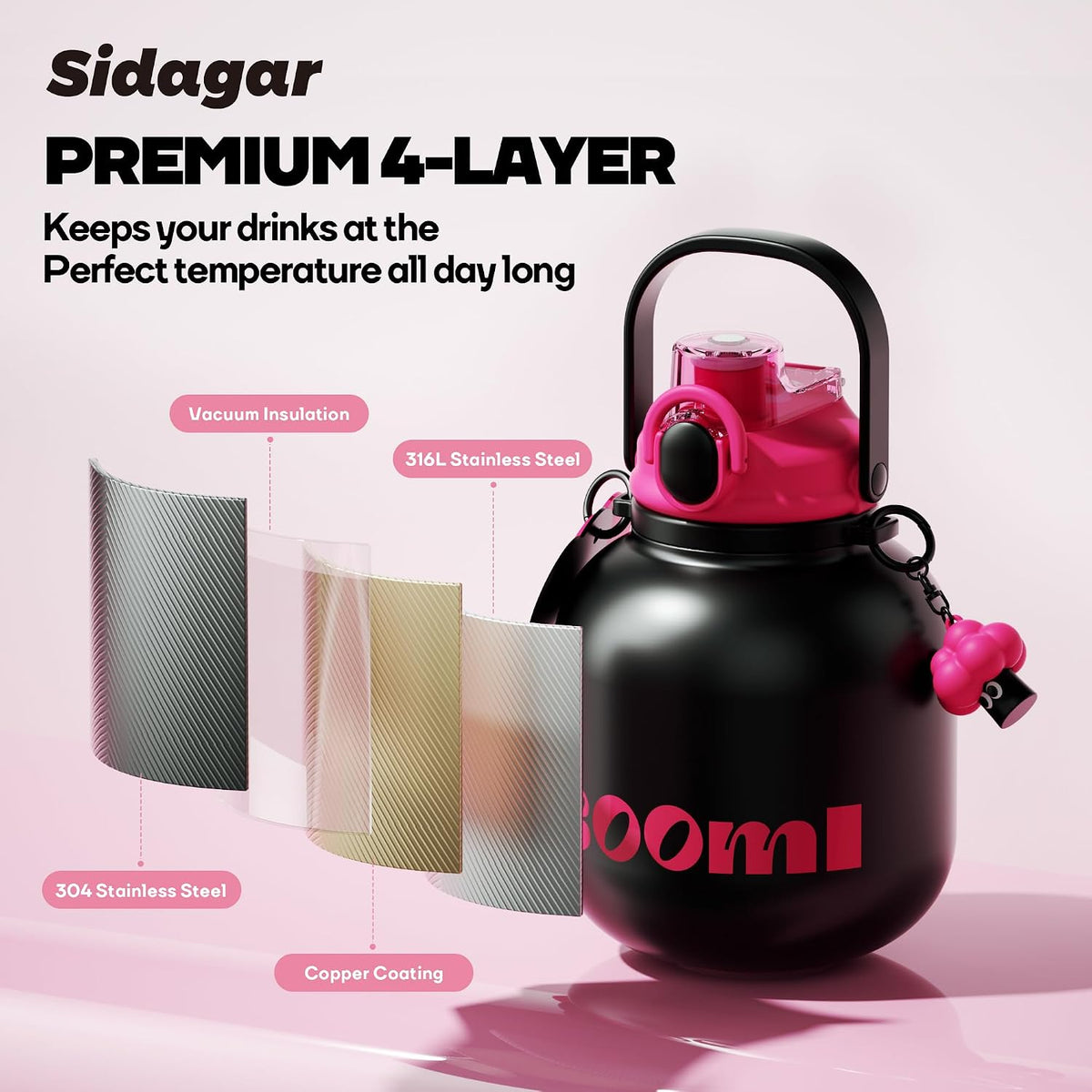 60 oz Half Gallon Insulated Water Bottle with Straw, Black