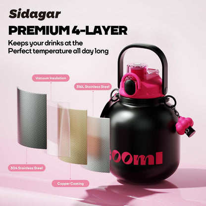 60 oz Half Gallon Insulated Water Bottle with Straw, Black
