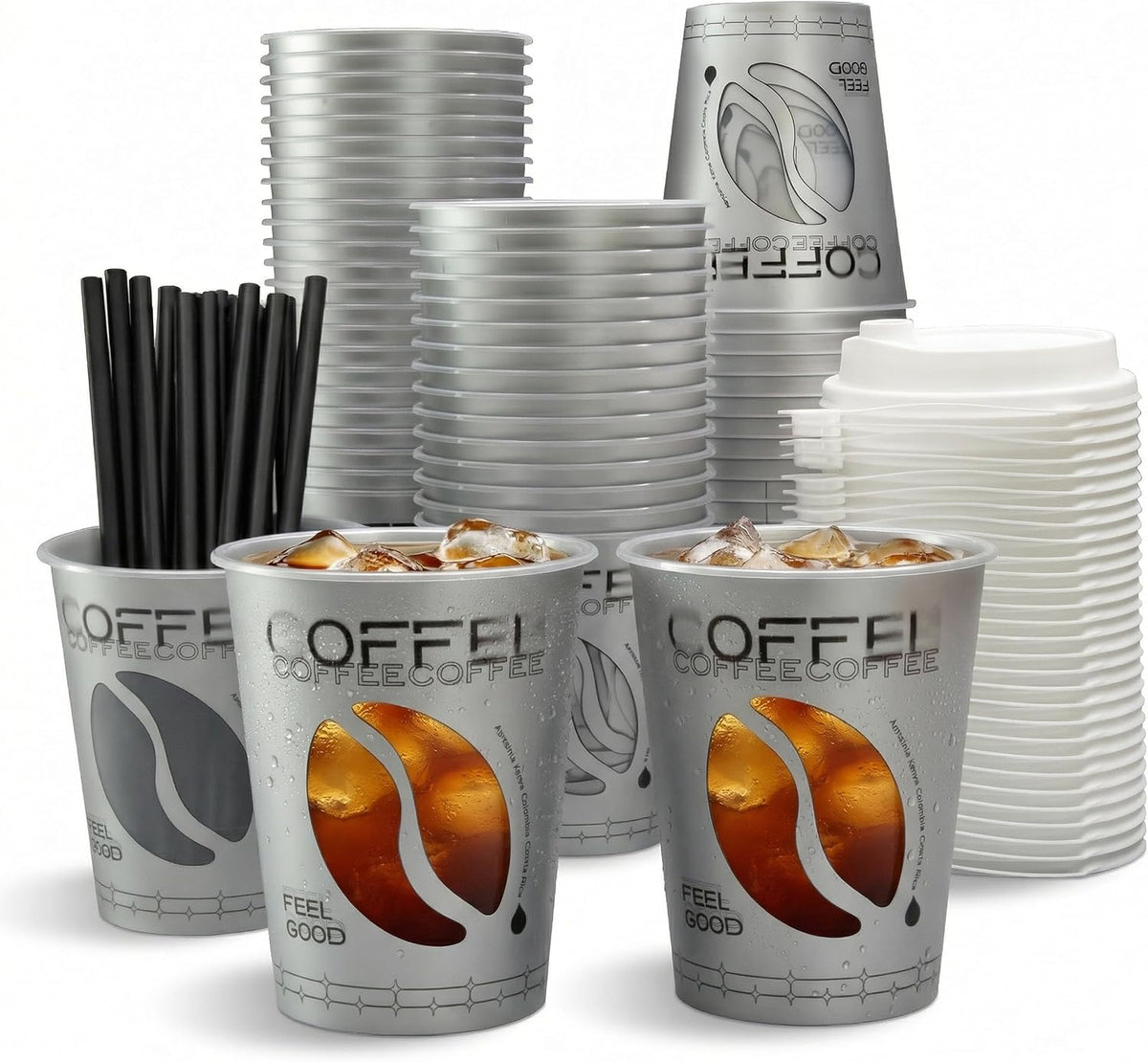 100 Sets Bulk Frosted Disposable Hard Plastic Cups With Straws Lids,90mm Disposable Bubble Boba Milk Tea ToGo Cups Cold Hot Plastic coffee Boba Tea Business TakeAway Supplies (16, ounces)