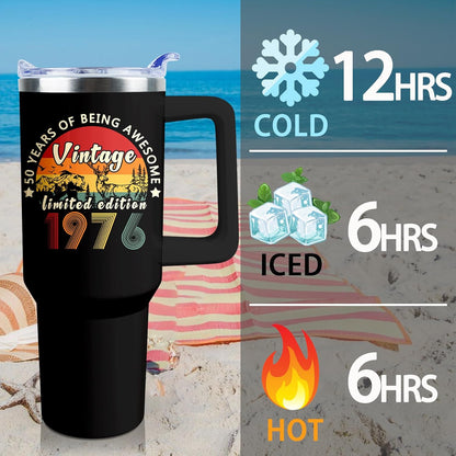 50th Birthday Gifts Women 40 oz Tumbler with Handle Straw Lid | 50th Birthday Cup Leak Proof 50 Years Old Birthday Gifts for Women Insulated Coffee Mug Travel Party Favors