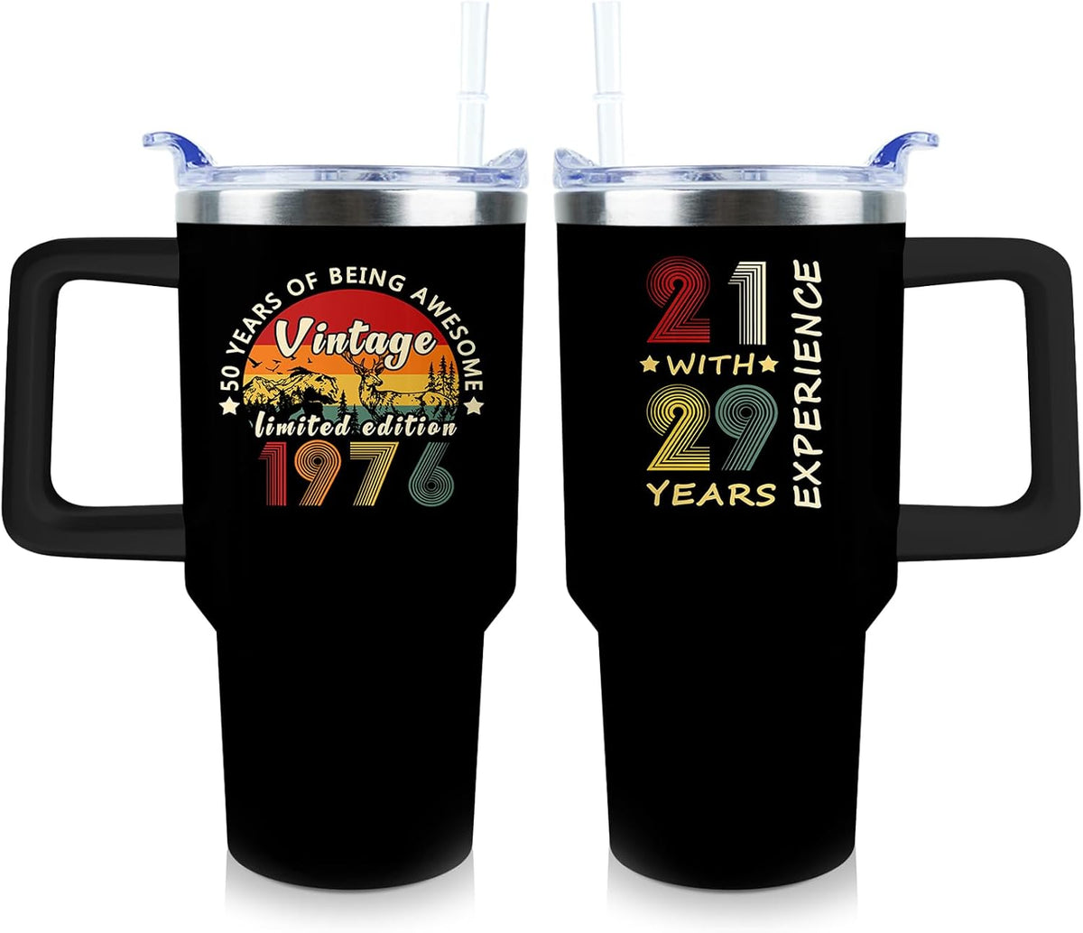 50th Birthday Gifts Women 40 oz Tumbler with Handle Straw Lid | 50th Birthday Cup Leak Proof 50 Years Old Birthday Gifts for Women Insulated Coffee Mug Travel Party Favors