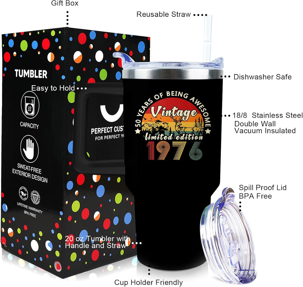 50th Birthday Gifts Women 40 oz Tumbler with Handle Straw Lid | 50th Birthday Cup Leak Proof 50 Years Old Birthday Gifts for Women Insulated Coffee Mug Travel Party Favors