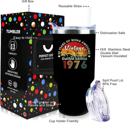 50th Birthday Gifts Women 40 oz Tumbler with Handle Straw Lid | 50th Birthday Cup Leak Proof 50 Years Old Birthday Gifts for Women Insulated Coffee Mug Travel Party Favors