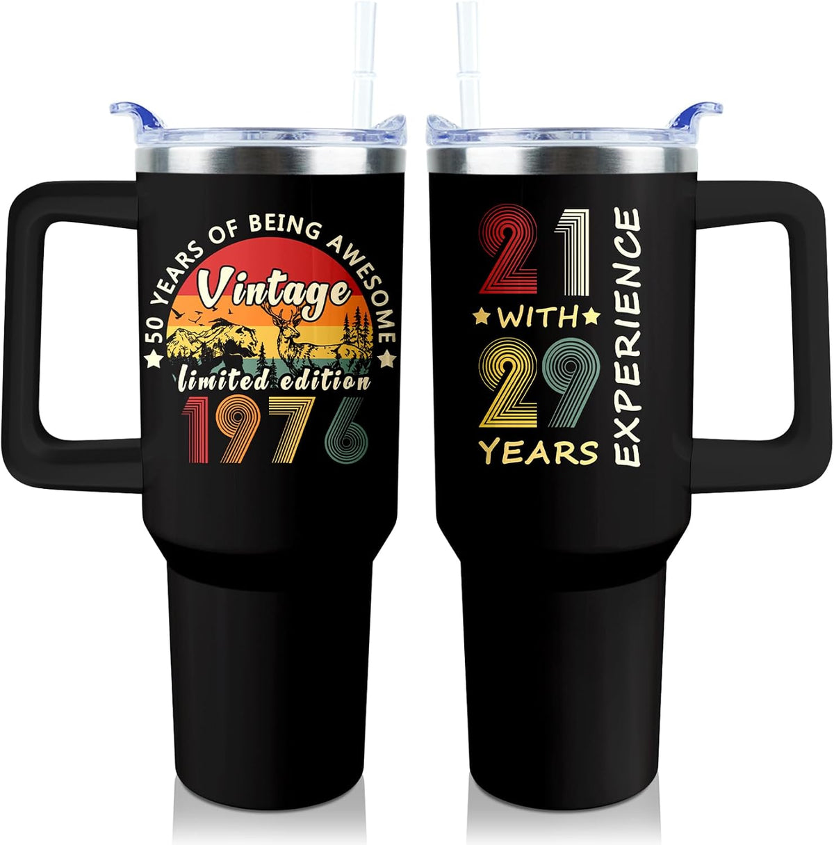 50th Birthday Gifts Women 40 oz Tumbler with Handle Straw Lid | 50th Birthday Cup Leak Proof 50 Years Old Birthday Gifts for Women Insulated Coffee Mug Travel Party Favors