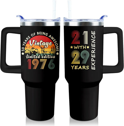 50th Birthday Gifts Women 40 oz Tumbler with Handle Straw Lid | 50th Birthday Cup Leak Proof 50 Years Old Birthday Gifts for Women Insulated Coffee Mug Travel Party Favors
