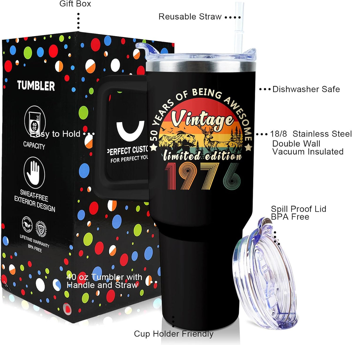 50th Birthday Gifts Women 40 oz Tumbler with Handle Straw Lid | 50th Birthday Cup Leak Proof 50 Years Old Birthday Gifts for Women Insulated Coffee Mug Travel Party Favors