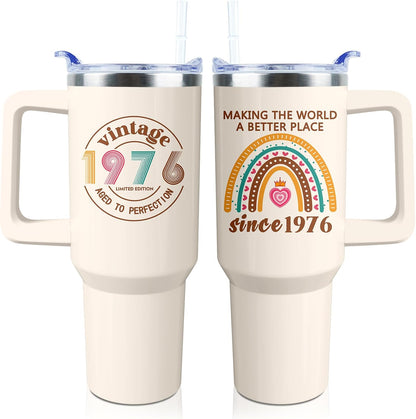 50th Birthday Gifts Women 40 oz Tumbler with Handle Straw Lid | 50th Birthday Cup Leak Proof 50 Years Old Birthday Gifts for Women Insulated Coffee Mug Travel Party Favors