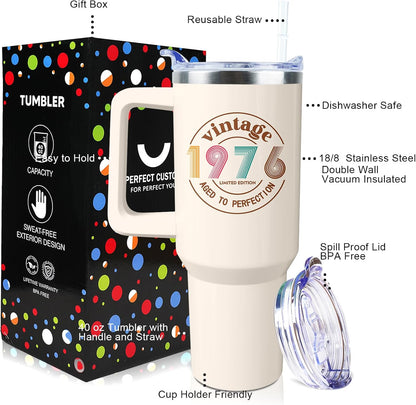 50th Birthday Gifts Women 40 oz Tumbler with Handle Straw Lid | 50th Birthday Cup Leak Proof 50 Years Old Birthday Gifts for Women Insulated Coffee Mug Travel Party Favors
