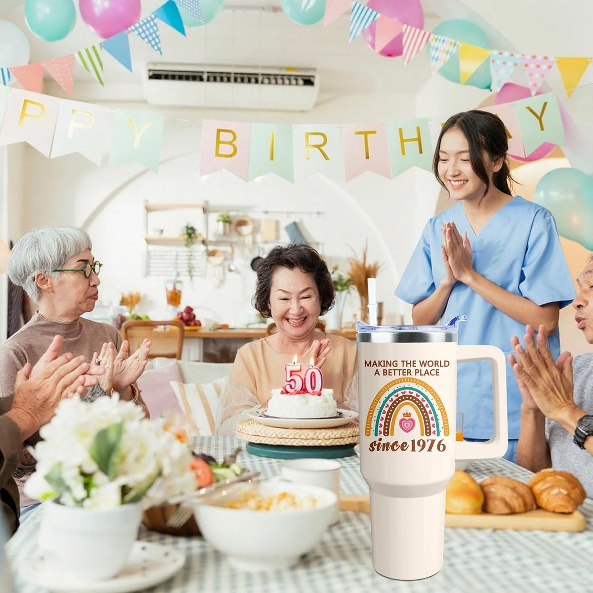 50th Birthday Gifts Women 40 oz Tumbler with Handle Straw Lid | 50th Birthday Cup Leak Proof 50 Years Old Birthday Gifts for Women Insulated Coffee Mug Travel Party Favors
