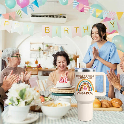 50th Birthday Gifts Women 40 oz Tumbler with Handle Straw Lid | 50th Birthday Cup Leak Proof 50 Years Old Birthday Gifts for Women Insulated Coffee Mug Travel Party Favors