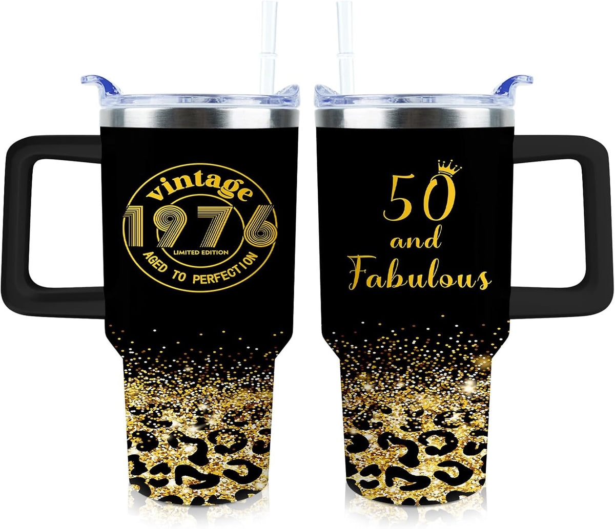 50th Birthday Gifts Women 40 oz Tumbler with Handle Straw Lid | 50th Birthday Cup Leak Proof 50 Years Old Birthday Gifts for Women Insulated Coffee Mug Travel Party Favors