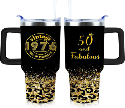 50th Birthday Gifts Women 40 oz Tumbler with Handle Straw Lid | 50th Birthday Cup Leak Proof 50 Years Old Birthday Gifts for Women Insulated Coffee Mug Travel Party Favors