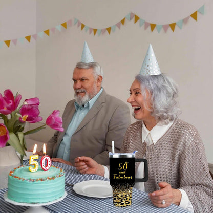 50th Birthday Gifts Women 40 oz Tumbler with Handle Straw Lid | 50th Birthday Cup Leak Proof 50 Years Old Birthday Gifts for Women Insulated Coffee Mug Travel Party Favors