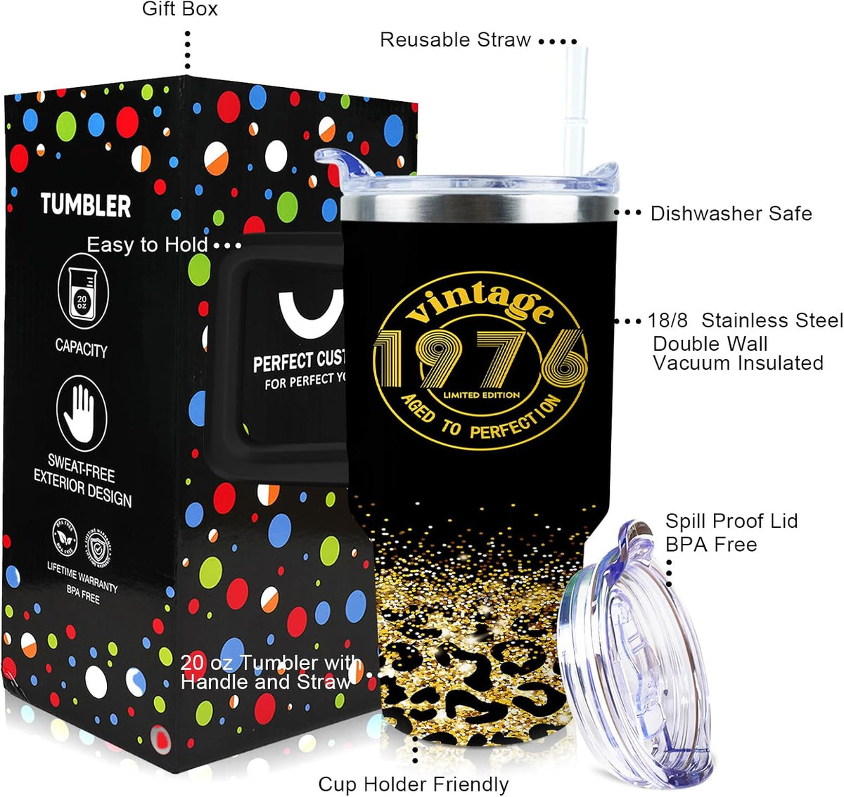 50th Birthday Gifts Women 40 oz Tumbler with Handle Straw Lid | 50th Birthday Cup Leak Proof 50 Years Old Birthday Gifts for Women Insulated Coffee Mug Travel Party Favors