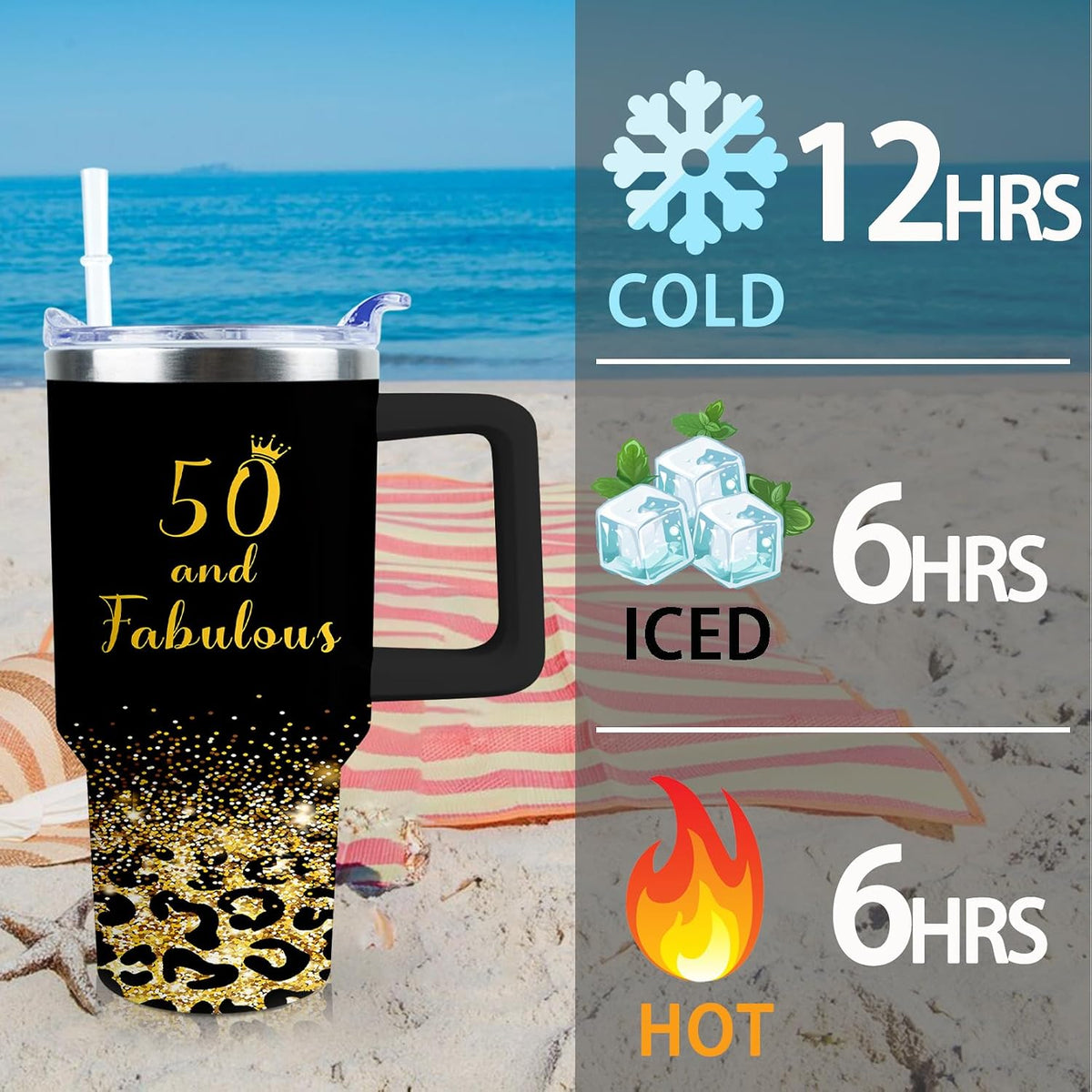 50th Birthday Gifts Women 40 oz Tumbler with Handle Straw Lid | 50th Birthday Cup Leak Proof 50 Years Old Birthday Gifts for Women Insulated Coffee Mug Travel Party Favors