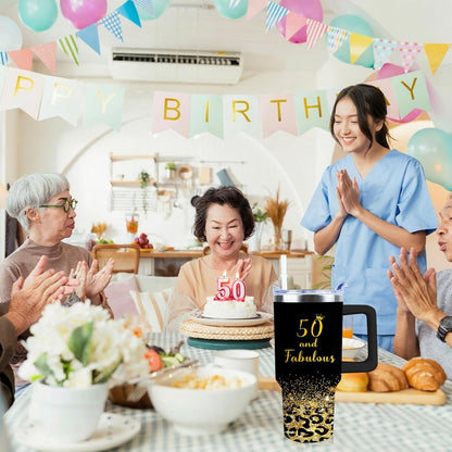50th Birthday Gifts Women 40 oz Tumbler with Handle Straw Lid | 50th Birthday Cup Leak Proof 50 Years Old Birthday Gifts for Women Insulated Coffee Mug Travel Party Favors