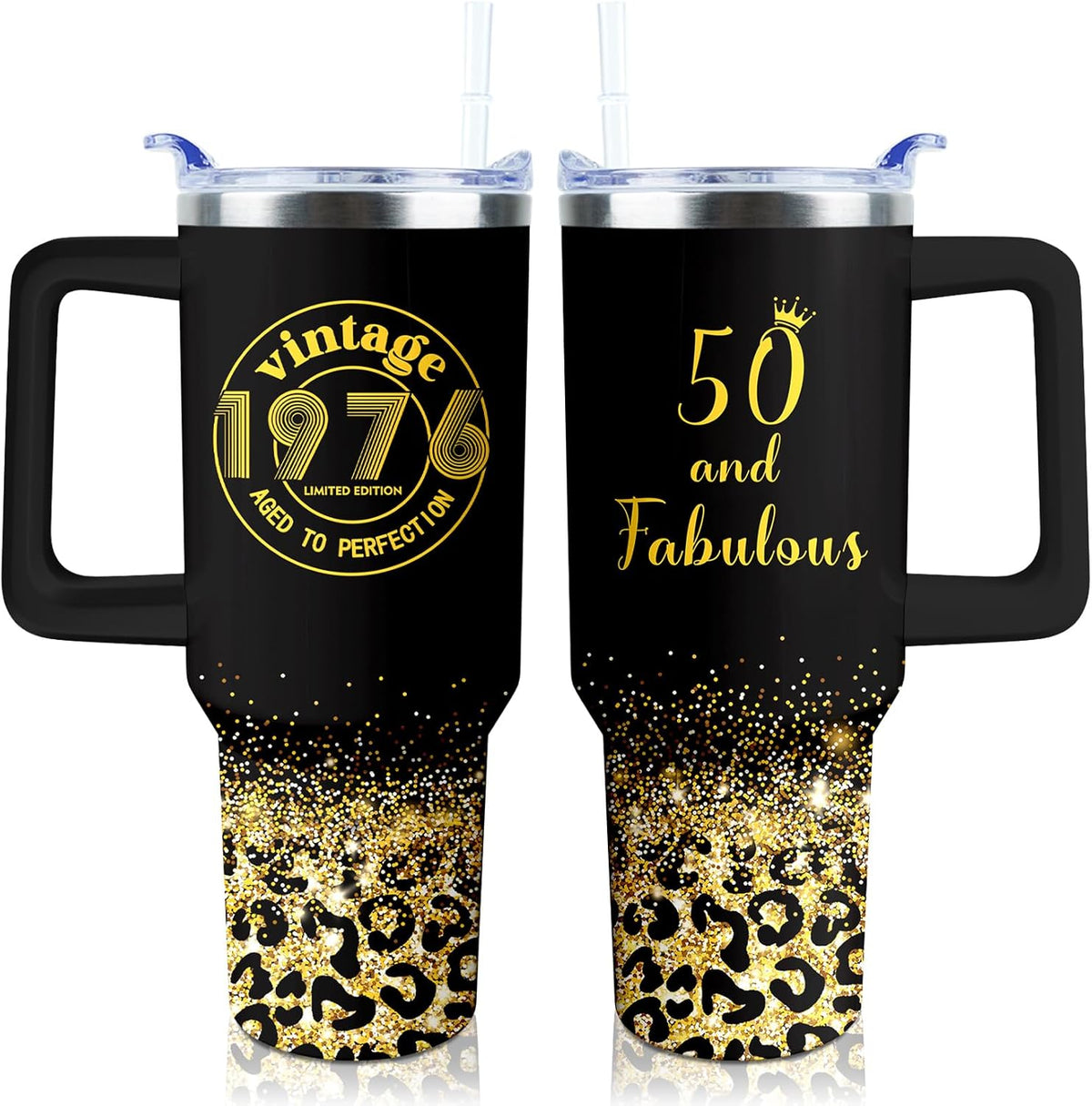 50th Birthday Gifts Women 40 oz Tumbler with Handle Straw Lid | 50th Birthday Cup Leak Proof 50 Years Old Birthday Gifts for Women Insulated Coffee Mug Travel Party Favors