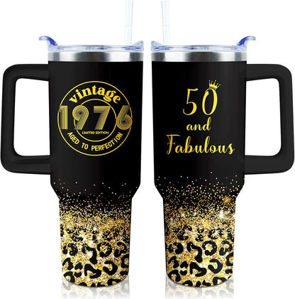 50th Birthday Gifts Women 40 oz Tumbler with Handle Straw Lid | 50th Birthday Cup Leak Proof 50 Years Old Birthday Gifts for Women Insulated Coffee Mug Travel Party Favors