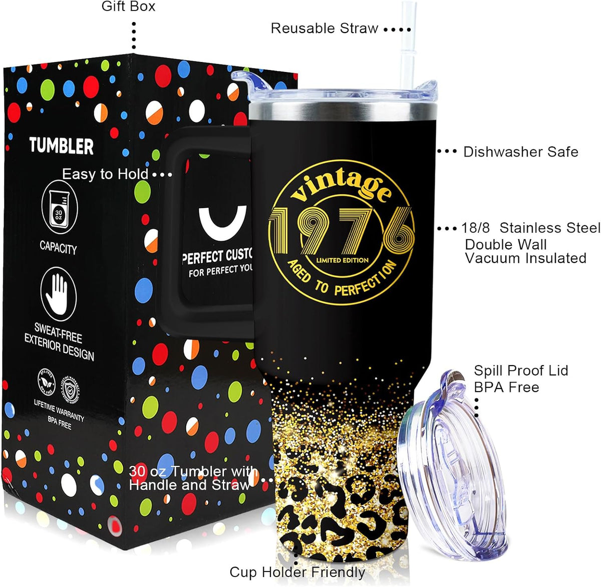 50th Birthday Gifts Women 40 oz Tumbler with Handle Straw Lid | 50th Birthday Cup Leak Proof 50 Years Old Birthday Gifts for Women Insulated Coffee Mug Travel Party Favors