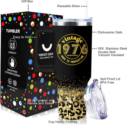50th Birthday Gifts Women 40 oz Tumbler with Handle Straw Lid | 50th Birthday Cup Leak Proof 50 Years Old Birthday Gifts for Women Insulated Coffee Mug Travel Party Favors