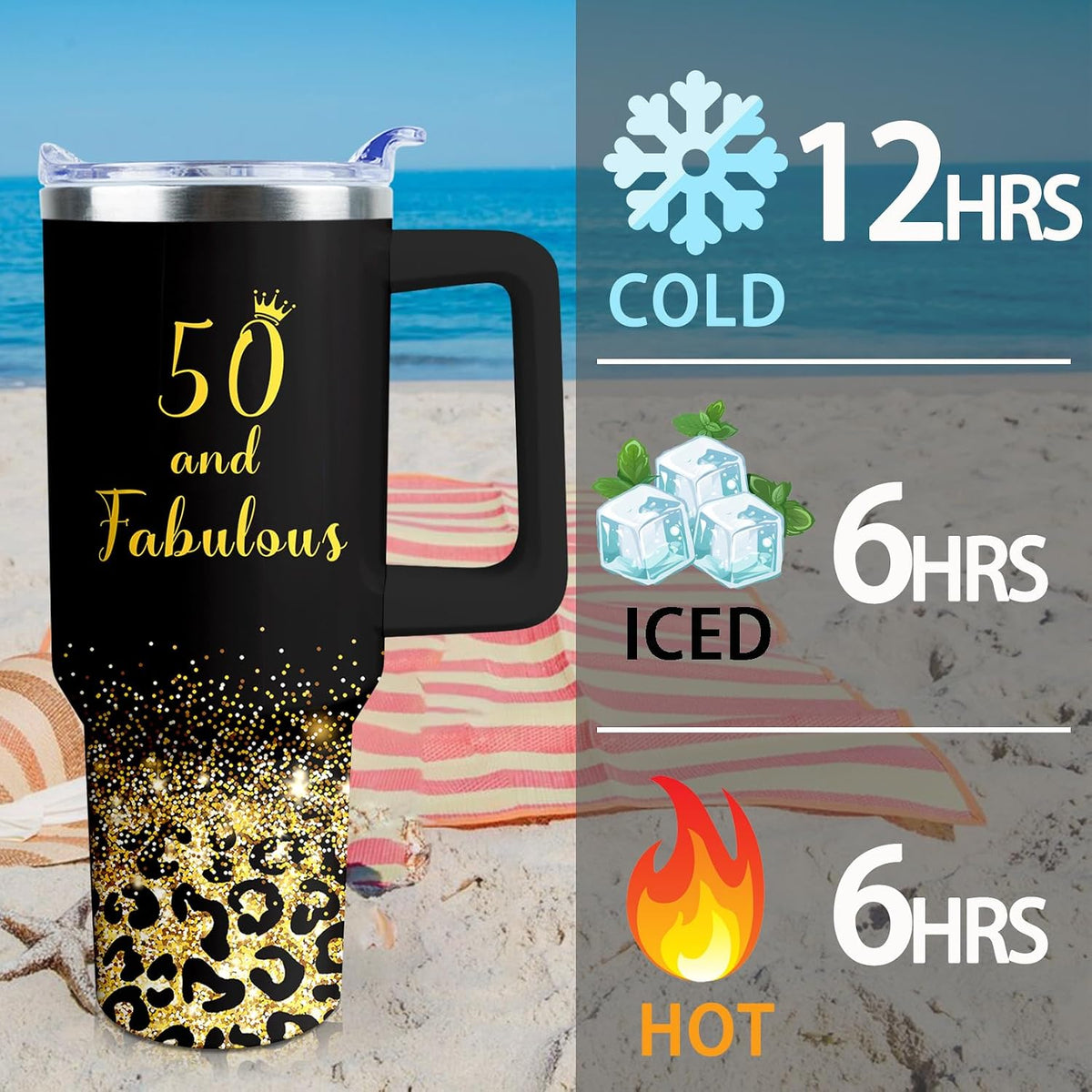 50th Birthday Gifts Women 40 oz Tumbler with Handle Straw Lid | 50th Birthday Cup Leak Proof 50 Years Old Birthday Gifts for Women Insulated Coffee Mug Travel Party Favors