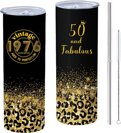 50th Birthday Gifts Women 40 oz Tumbler with Handle Straw Lid | 50th Birthday Cup Leak Proof 50 Years Old Birthday Gifts for Women Insulated Coffee Mug Travel Party Favors