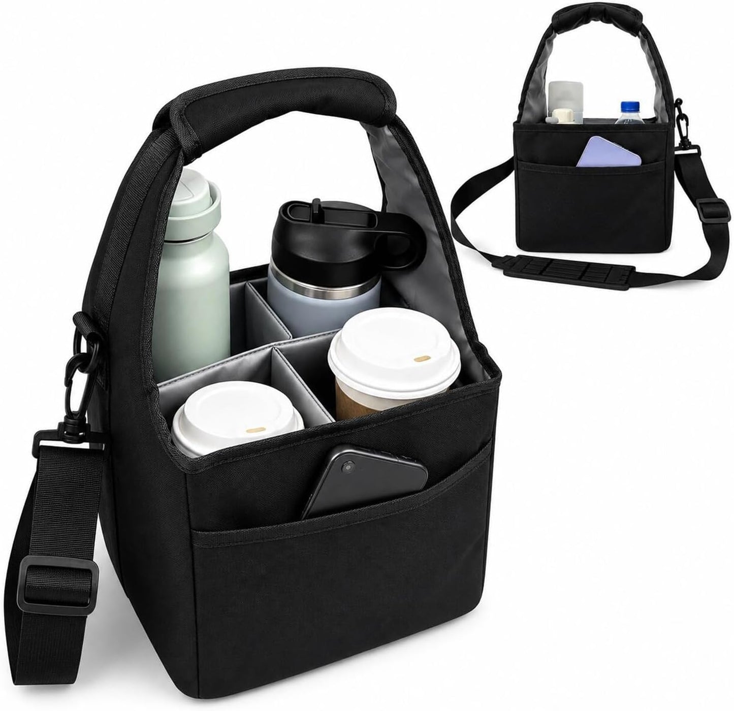 Reusable Drink Carrier Tote Bag with Handle Family Size 4 Compartment Water Bottle Holder with Adjustable Shoulder Strap & Removable Dividers Multiple Tumbler Caddy for Car,Delivery,Family Outings
