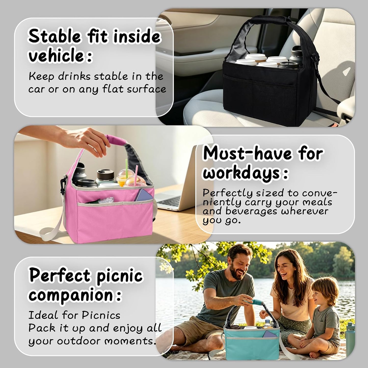 Reusable Drink Carrier Tote Bag with Handle Family Size 4 Compartment Water Bottle Holder with Adjustable Shoulder Strap & Removable Dividers Multiple Tumbler Caddy for Car,Delivery,Family Outings