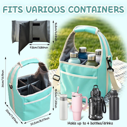 Reusable Drink Carrier Tote Bag with Handle Family Size 4 Compartment Water Bottle Holder with Adjustable Shoulder Strap & Removable Dividers Multiple Tumbler Caddy for Car,Delivery,Family Outings