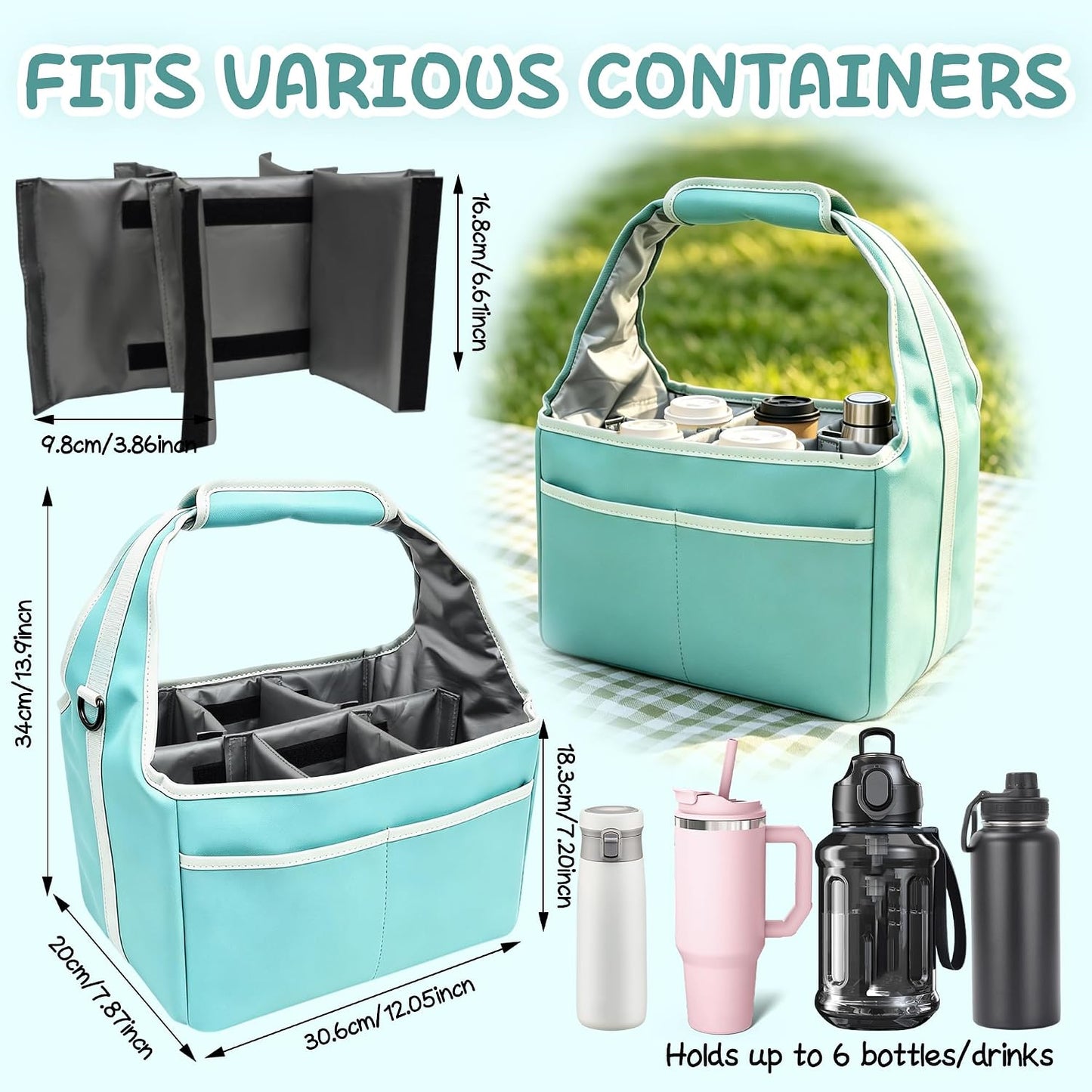 Reusable Drink Carrier Tote Bag with Handle Family Size 4 Compartment Water Bottle Holder with Adjustable Shoulder Strap & Removable Dividers Multiple Tumbler Caddy for Car,Delivery,Family Outings