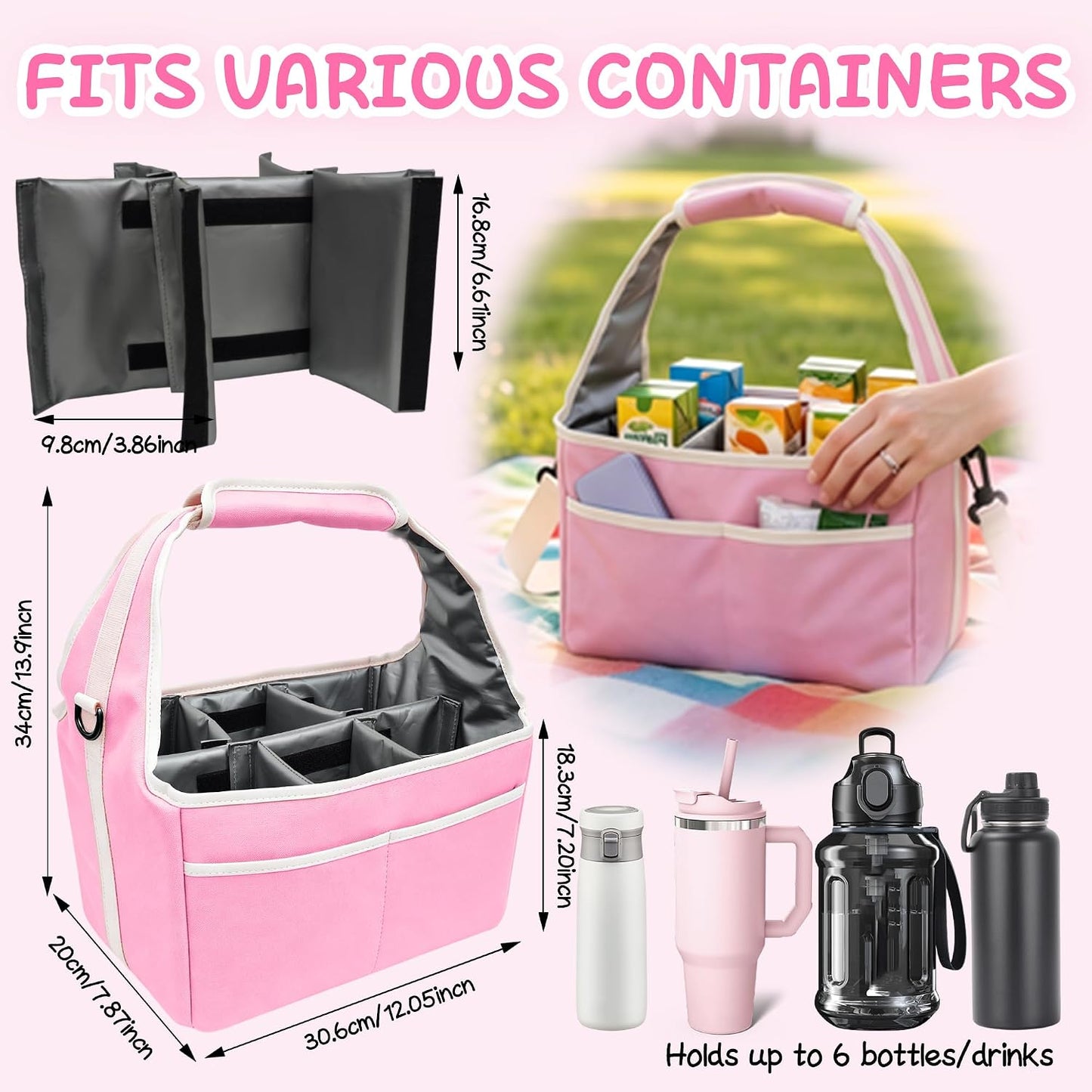 Reusable Drink Carrier Tote Bag with Handle Family Size 4 Compartment Water Bottle Holder with Adjustable Shoulder Strap & Removable Dividers Multiple Tumbler Caddy for Car,Delivery,Family Outings