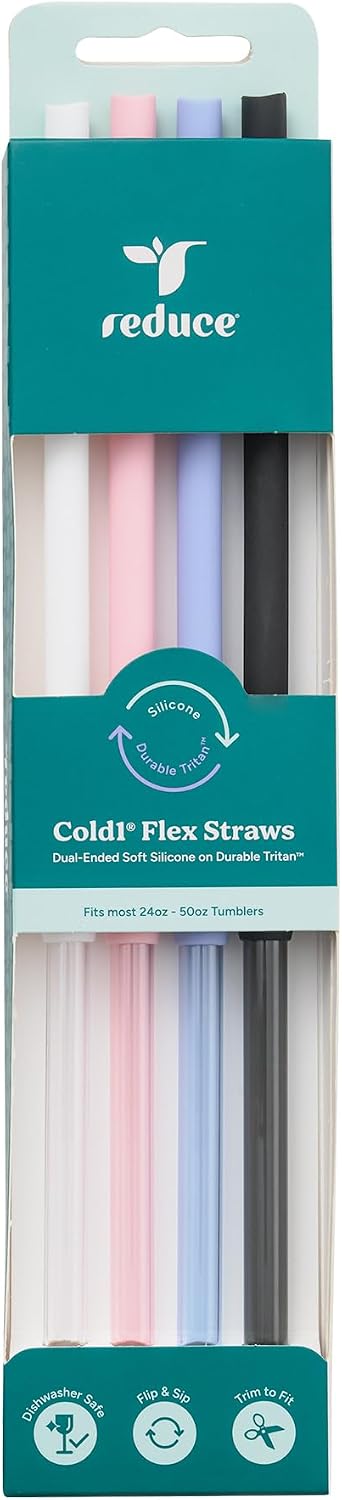 Reusable Cold1 Flex Straws, Flip and Sip Silicone-Tritan Combo Replacement XL Straws, 4-Pack of BPA-Free, Dishwasher-Safe, Fits Most 24 oz to 50 oz Tumblers and Travel Mugs, Assorted Colors