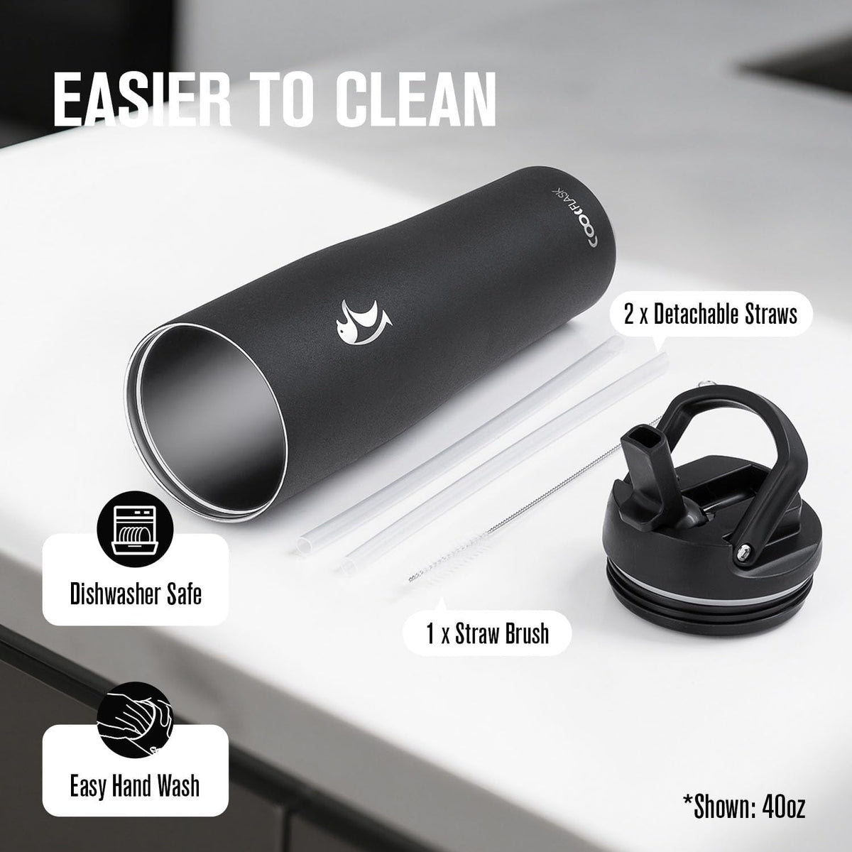 40 oz Insulated Water Bottle Fits Cup Holder with Straw & Handle