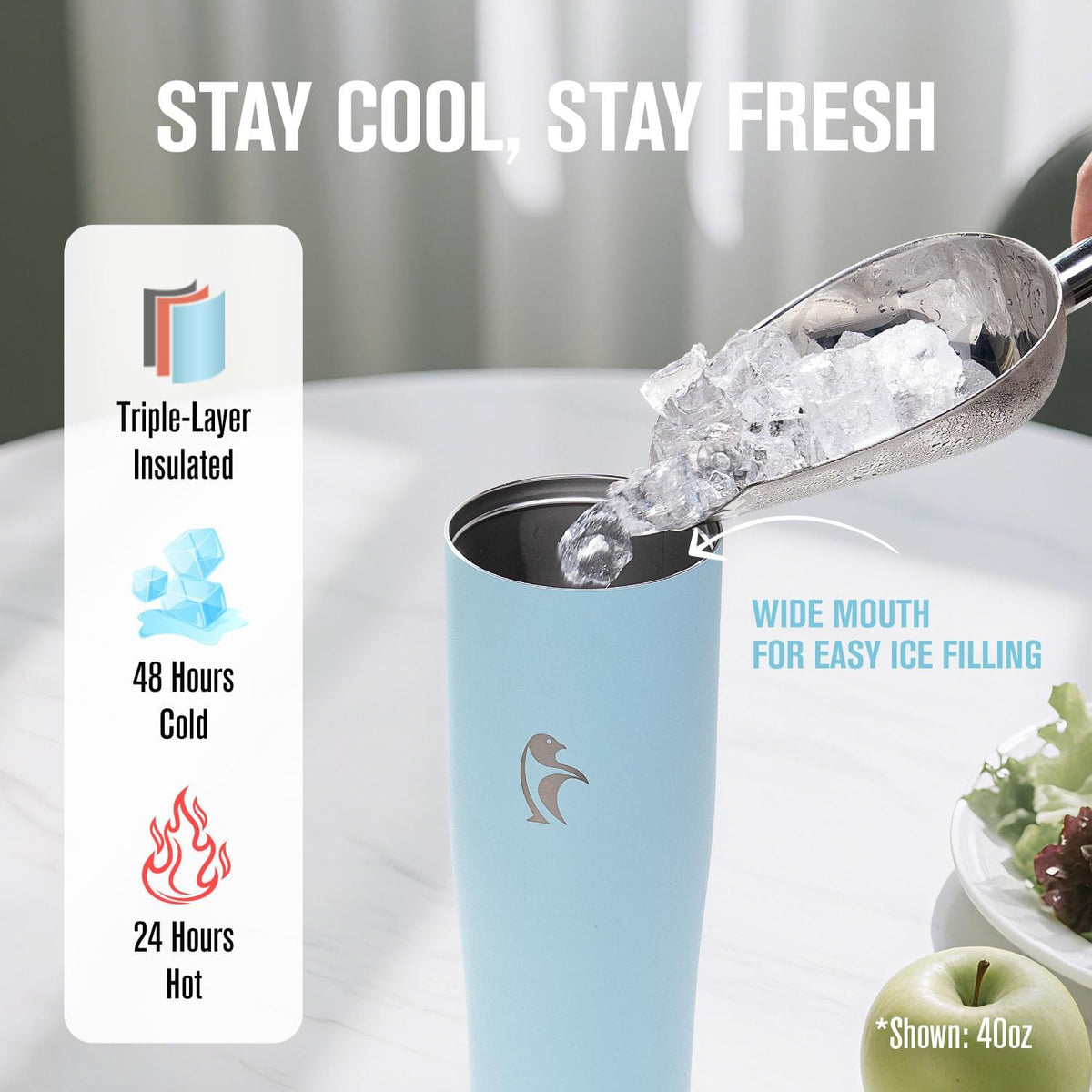40 oz Insulated Water Bottle Fits Cup Holder with Straw & Handle