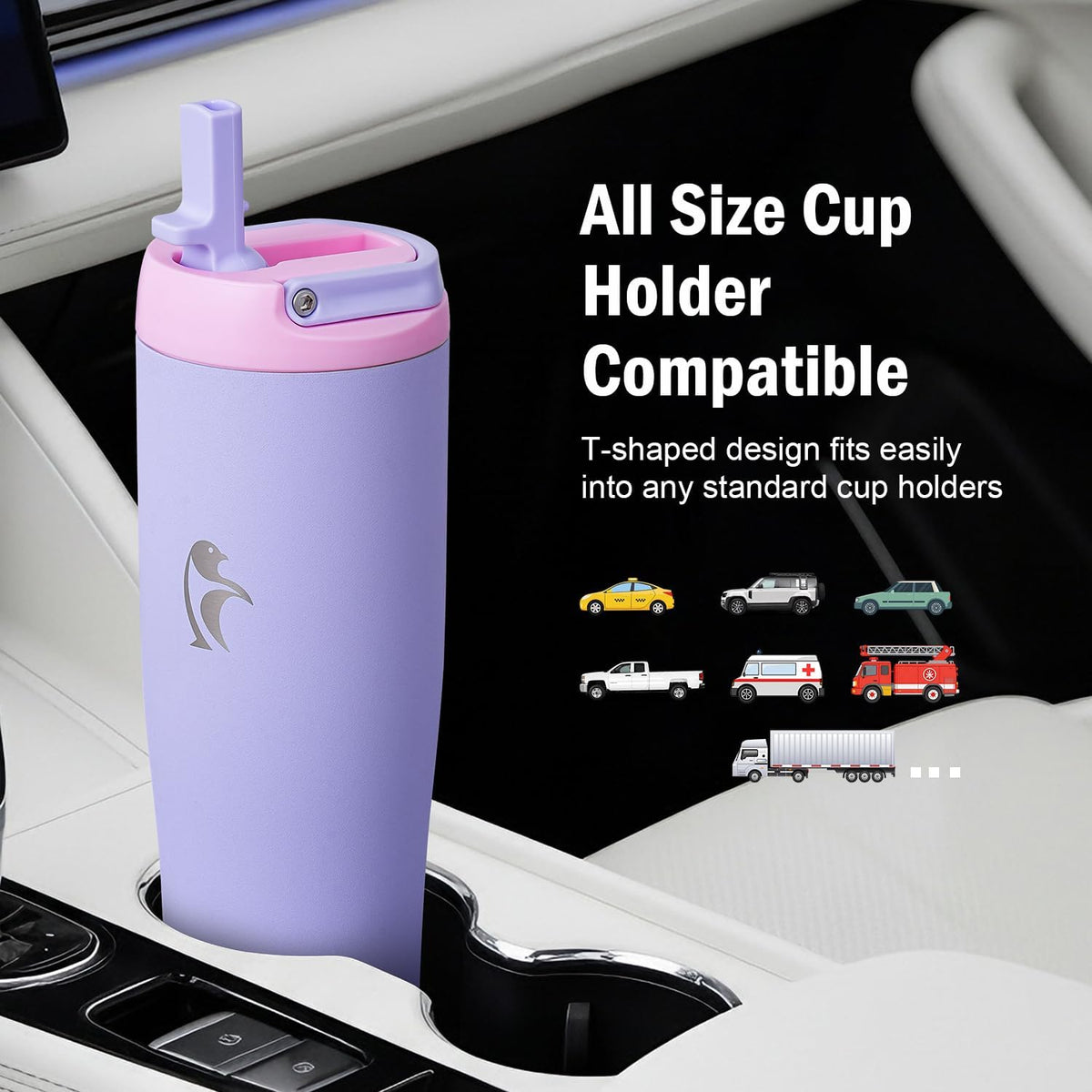 40 oz Insulated Water Bottle Fits Cup Holder with Straw & Handle