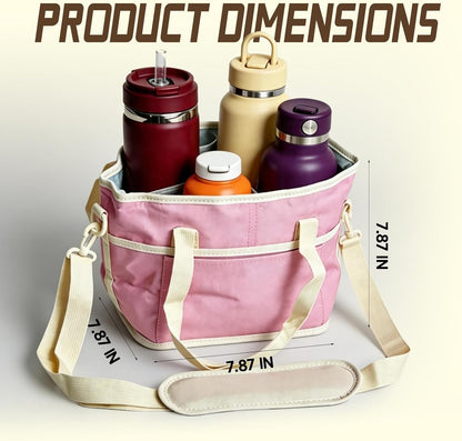 4 Compartment Drink Carrier Bag Family Size Insulated Water Bottle Holder & Tumbler Tote with Adjustable Strap Nylon Organizer Caddy with Front Pocket for Travel, Picnic, Delivery