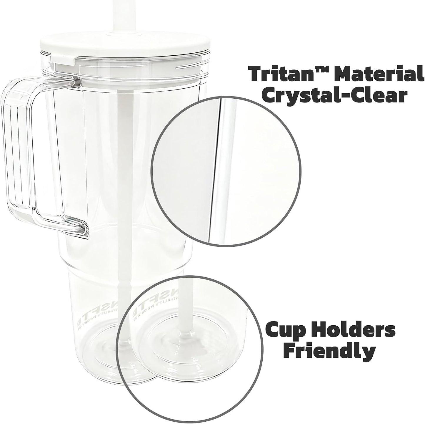 40oz Insulated Clear Tumbler with Handle and Lid & Straw, Reusable Travel Mug for Cold and Hot Drinks, Double-Wall Plastic Water Bottle | Crystal-Clear | Car Cup Holder Fit | Leakproof | BPA-Free