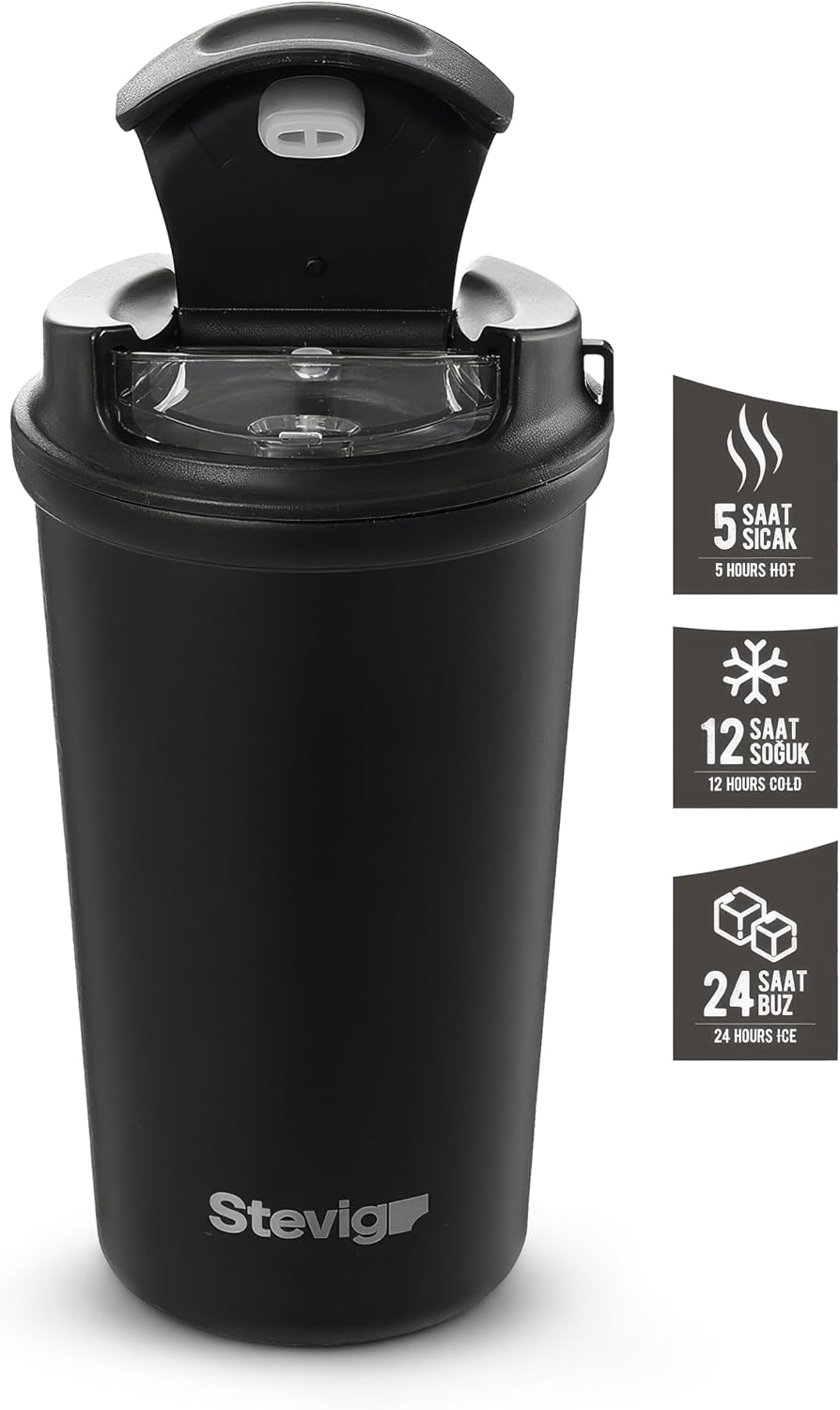 4 Work Flip Open Coffee Mug | 13 oz | Transparent Lid Design, Double Wall Vacuum Travel Mug, Cup Holder Friendly, Non-Slip Base, Compatible with Lanyard Loop – Grey ST-251