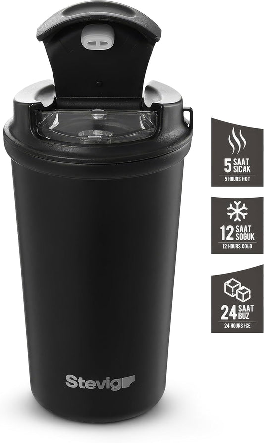 4 Work Flip Open Coffee Mug | 13 oz | Transparent Lid Design, Double Wall Vacuum Travel Mug, Cup Holder Friendly, Non-Slip Base, Compatible with Lanyard Loop – Grey ST-251