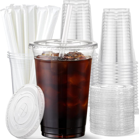 16 oz Plastic Cups with Lids and Straws, 50 Pack, Disposable Iced Coffee Cups with Lids, Clear Cups with Lids for Cold Drinks, Iced Tea, Milkshakes, Smoothies - Durable & BPA Free