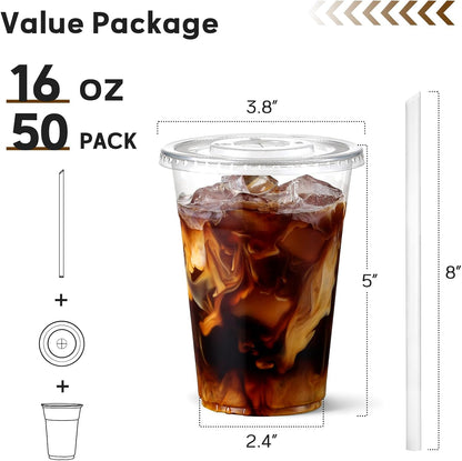 16 oz Plastic Cups with Lids and Straws, 50 Pack, Disposable Iced Coffee Cups with Lids, Clear Cups with Lids for Cold Drinks, Iced Tea, Milkshakes, Smoothies - Durable & BPA Free
