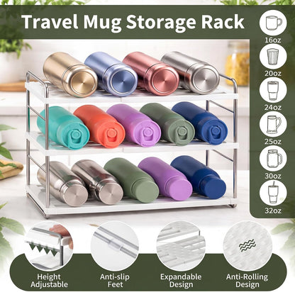 3 Pcs Tumbler Storage Set, Expandable Water Bottle Organizer for Cabinet, Include 2 Stainless Steel Cup Lid Organizer and 3 Tier Adjustable Bottle Holder Rack for Kitchen, Sport Flask, Fridge